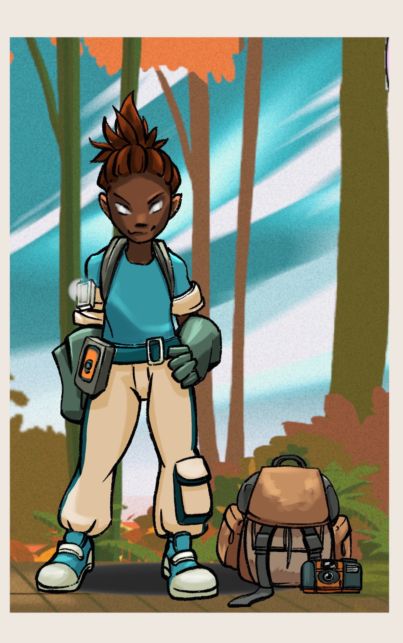 A image of the main character monique standing in the forest with work clothes and backpack